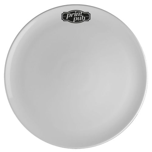 Wit pizzabord Isabelle 34 cm porselein met éénkleurig PrintPub-logo gecentreerd op de bovenzijde.