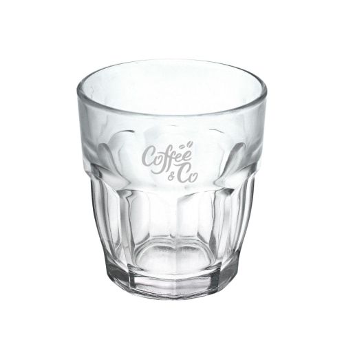 Rockbar Tumbler glass of 20 cl with CoffeeCo logo engraved on the front, visible in fine matt finish. Rockbar Tumbler glass of 20 cl with CoffeeCo logo engraved on the front, visible in fine matt finish.