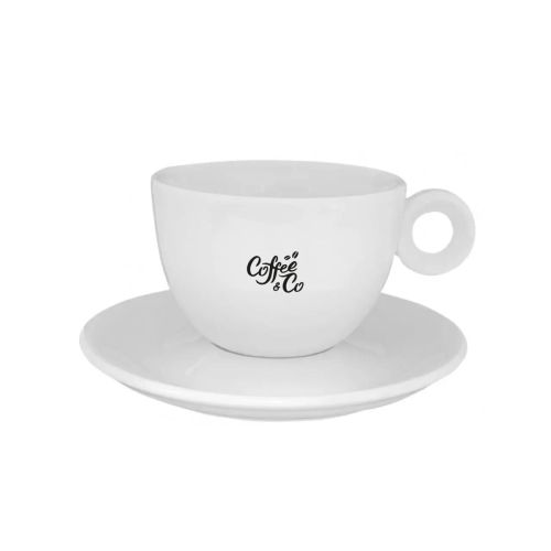 Vooraanzicht van Rondo Cappuccino 20 cl. SET met gedrukt CoffeeCo-logo in één kleur op de kop. Vooraanzicht van Rondo Cappuccino 20 cl. SET met gedrukt CoffeeCo-logo in één kleur op de kop.