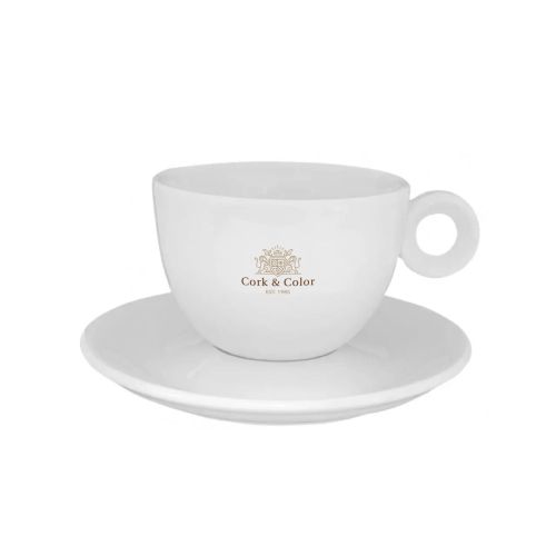 Rondo Cappuccino 20 cl. porseleinen set met meerkleurig CorkColor-logo zichtbaar op het voorvlak. Rondo Cappuccino 20 cl. porseleinen set met meerkleurig CorkColor-logo zichtbaar op het voorvlak.