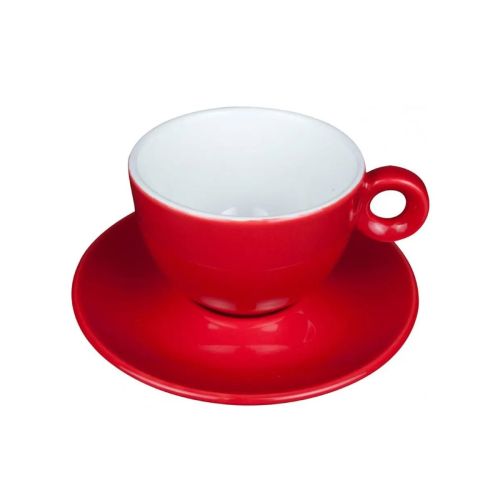 Rood-witte porseleinen Rondo cappuccinoset 20 cl. met kop en schotel recht van voren afgebeeld. Rood-witte porseleinen Rondo cappuccinoset 20 cl. met kop en schotel recht van voren afgebeeld.