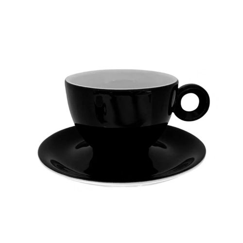 Zwart-Witte porseleinen Rondo cappuccinoset 20 cl. met kop en schotel recht van voren afgebeeld. Zwart-Witte porseleinen Rondo cappuccinoset 20 cl. met kop en schotel recht van voren afgebeeld.