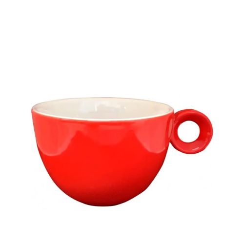 Front view of the red and white porcelain Rondo Cappuccino cup 20 cl. with round shape and ear on the right side. Front view of the red and white porcelain Rondo Cappuccino cup 20 cl. with round shape and ear on the right side.