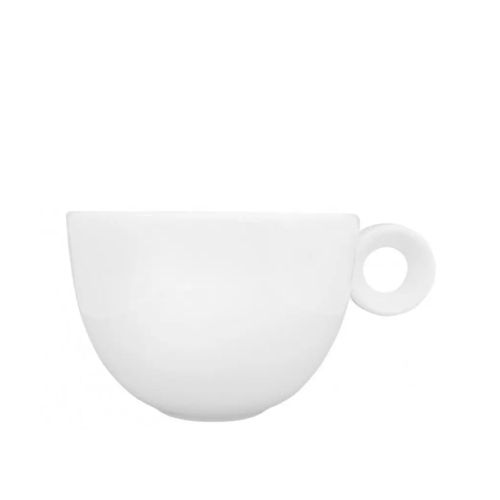 Front view of white porcelain Rondo Cappuccino cup 20 cl. with round shape and ear on the right side. Front view of white porcelain Rondo Cappuccino cup 20 cl. with round shape and ear on the right side.