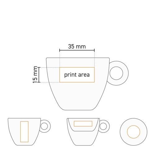 Technische werktekening van Rondo Espresso 8 cl. porselein met gemarkeerd drukgebied op het oppervlak. Technische werktekening van Rondo Espresso 8 cl. porselein met gemarkeerd drukgebied op het oppervlak.