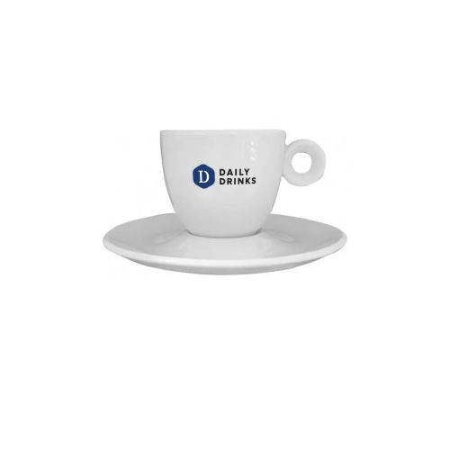 Rondo Espresso 8 cl. porseleinen set bedrukt met meerkleurig DailyDrinks-logo op de kop. Rondo Espresso 8 cl. porseleinen set bedrukt met meerkleurig DailyDrinks-logo op de kop.