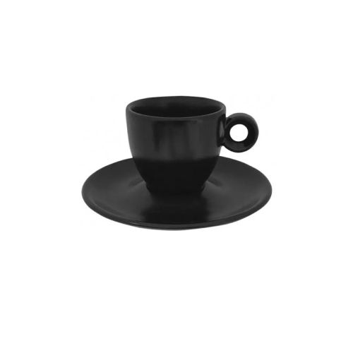 Vooraanzicht van matzwarte Rondo Espresso 8 cl. porseleinen set met compacte kop en bijpassende schotel. Vooraanzicht van matzwarte Rondo Espresso 8 cl. porseleinen set met compacte kop en bijpassende schotel.