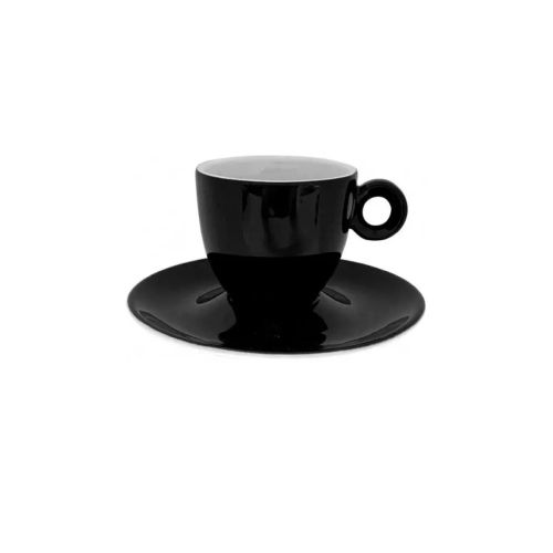 Vooraanzicht van zwart-witte Rondo Espresso 8 cl. porseleinen set met compacte kop en bijpassende schotel. Vooraanzicht van zwart-witte Rondo Espresso 8 cl. porseleinen set met compacte kop en bijpassende schotel.