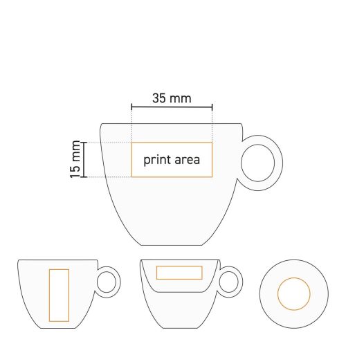 Technische werktekening van Rondo espresso kop 8 cl. porselein met duidelijk aangegeven drukgebied. Technische werktekening van Rondo espresso kop 8 cl. porselein met duidelijk aangegeven drukgebied.