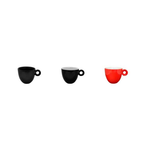 Overzicht van kleurvarianten van Rondo espresso kop 8 cl porselein, gerangschikt in een rij. Overzicht van kleurvarianten van Rondo espresso kop 8 cl porselein, gerangschikt in een rij.