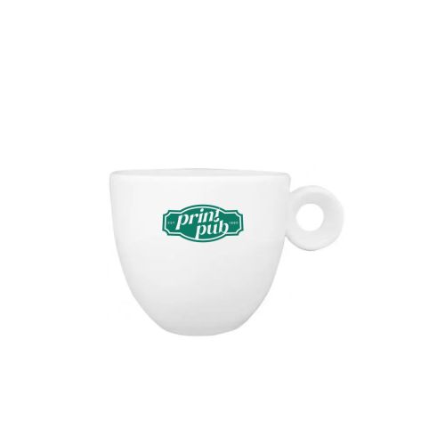 Rondo espresso kop 8 cl porselein in vooraanzicht met éénkleurig PrintPub logo centraal op de voorkant. Rondo espresso kop 8 cl porselein in vooraanzicht met éénkleurig PrintPub logo centraal op de voorkant.