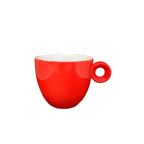 Vooraanzicht van rood-witte Rondo espresso kop 8 cl porselein met glad oppervlak en compacte vorm. Vooraanzicht van rood-witte Rondo espresso kop 8 cl porselein met glad oppervlak en compacte vorm.