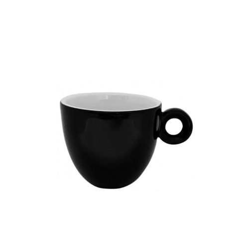 Vooraanzicht van zwart-witte Rondo espresso kop 8 cl porselein met glad oppervlak en compacte vorm. Vooraanzicht van zwart-witte Rondo espresso kop 8 cl porselein met glad oppervlak en compacte vorm.