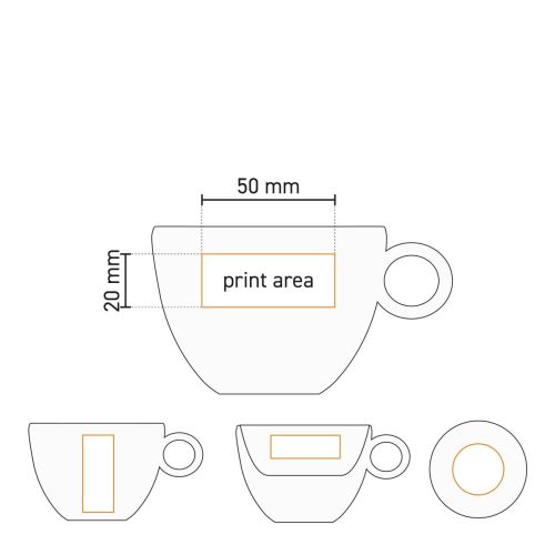 Technical working drawing with printing area of Rondo Coffee 15 cl. SET porcelain clearly marked. Technical working drawing with printing area of Rondo Coffee 15 cl. SET porcelain clearly marked.