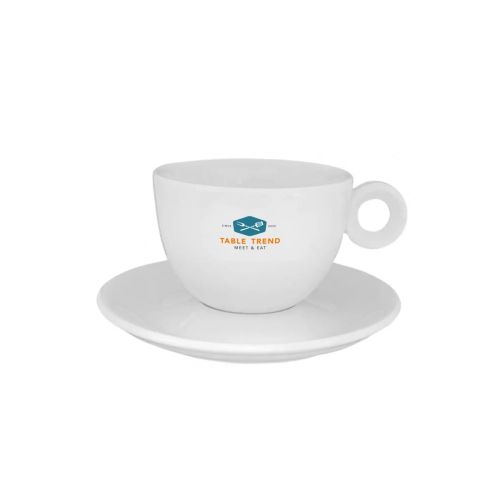Front view of porcelain coffee set Rondo 15 cl. with multi-coloured TableTrend logo on the cup. Front view of porcelain coffee set Rondo 15 cl. with multi-coloured TableTrend logo on the cup.