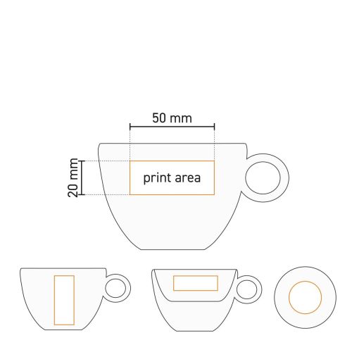 Technical working drawing of Rondo Coffee cup 15 cl. with marking of the pressure area on the wall.