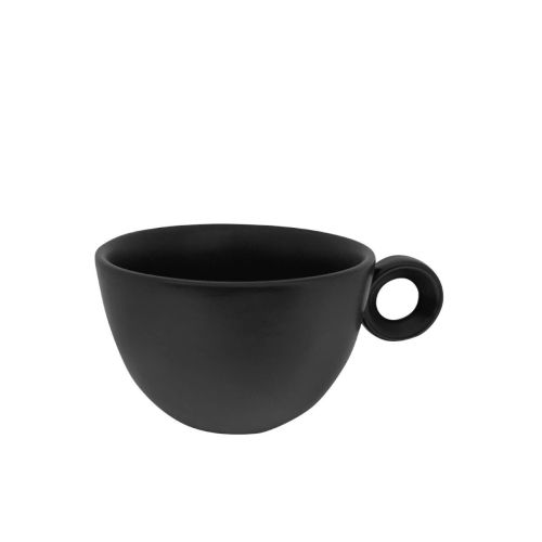 Front view of matt black porcelain Rondo Coffee Cup 15 cl. with round shape and classic handle.