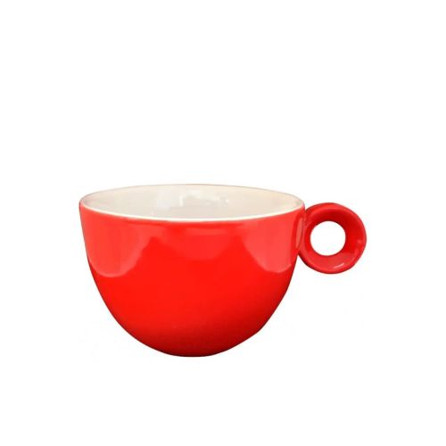 Front view of red and white porcelain Rondo Coffee Cup 15 cl. with round shape and classic handle.