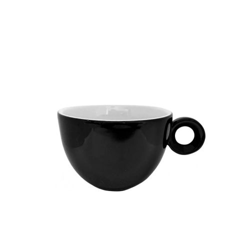 Front view of black and white porcelain Rondo Coffee Cup 15 cl. with round shape and classic handle.