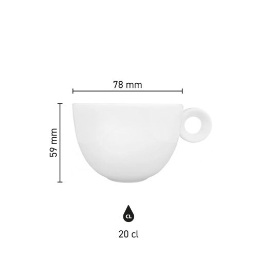 Product dimensions of Rondo Coffee cup 15 cl porcelain shown in an easy-to-read infographic.