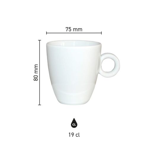 Infographic met maatvoering van porseleinen Rondo mok 19 cl. inclusief hoogte en diameter. Infographic met maatvoering van porseleinen Rondo mok 19 cl. inclusief hoogte en diameter.