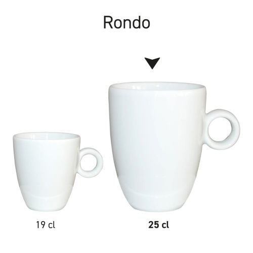 Rondo mokken van porselein gepresenteerd in serie met identieke vorm en verschillende inhoudsmaten.