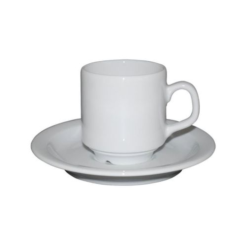 Vooraanzicht van Sara koffie wit 14 cl. set porselein, klassiek koffiekopje met schotel. Vooraanzicht van Sara koffie wit 14 cl. set porselein, klassiek koffiekopje met schotel.