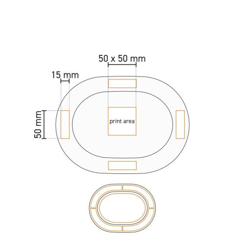 Technische werktekening met drukgebied voor schaal Eva ovaal wit 24 x 17,5 cm porselein. Technische werktekening met drukgebied voor schaal Eva ovaal wit 24 x 17,5 cm porselein.