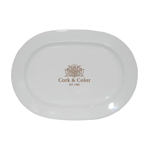 Porseleinen schaal Ovaal Eva wit 24 x 17,5 cm porselein met zwart CorkColor-logo op de voorzijde. Porseleinen schaal Ovaal Eva wit 24 x 17,5 cm porselein met zwart CorkColor-logo op de voorzijde.