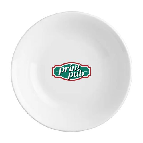 Witte schaal Princip 23 cm bedrukt met meerkleurig PrintPub-logo op de voorzijde. Witte schaal Princip 23 cm bedrukt met meerkleurig PrintPub-logo op de voorzijde.