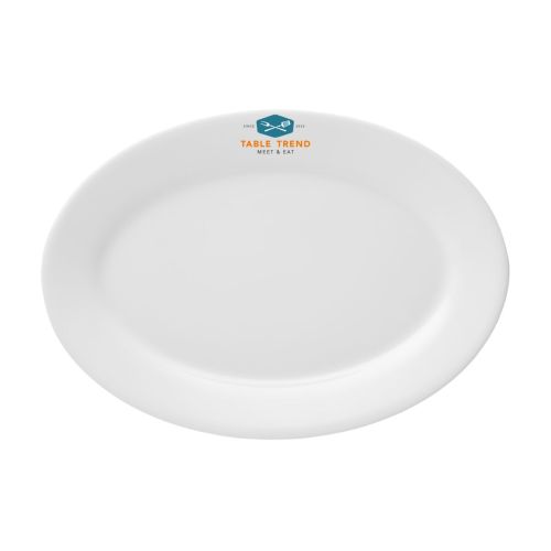Witte schaal Princip 24 cm porselein met meerkleurig TableTrend-logo vooraanzicht.
