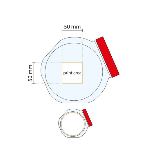 Technical working drawing of glass candy jar with red lid and marked printing area for personalisation. Technical working drawing of glass candy jar with red lid and marked printing area for personalisation.