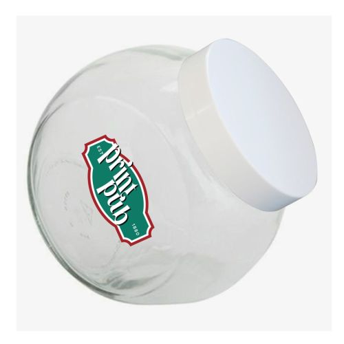 Vooraanzicht van glazen snoeppot met wit deksel en PrintPub-logo in meerdere kleuren op het glas aangebracht. Vooraanzicht van glazen snoeppot met wit deksel en PrintPub-logo in meerdere kleuren op het glas aangebracht.