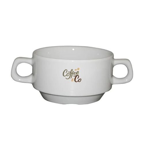 Soepkop met 2 oren 30 cl. van wit porselein met meerkleurig CoffeeCo-logo op het voorpaneel