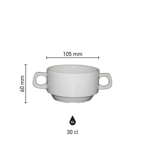 Soepkop met 2 oren 30 cl. van wit porselein met hoogte, diameter en inhoud in infographic