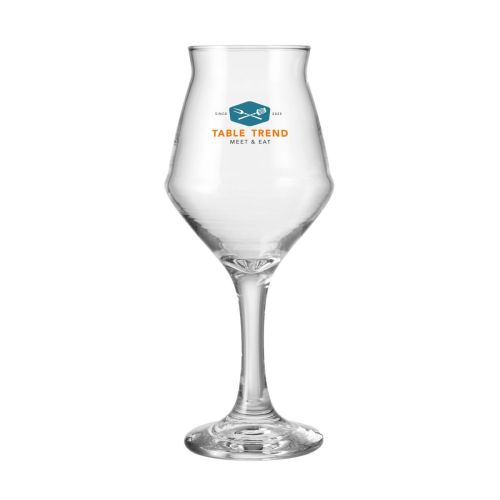 Glazen wijnglas van 40 cl met meerkleurig TableTrend-logo op de voorzijde bedrukt. Glazen wijnglas van 40 cl met meerkleurig TableTrend-logo op de voorzijde bedrukt.