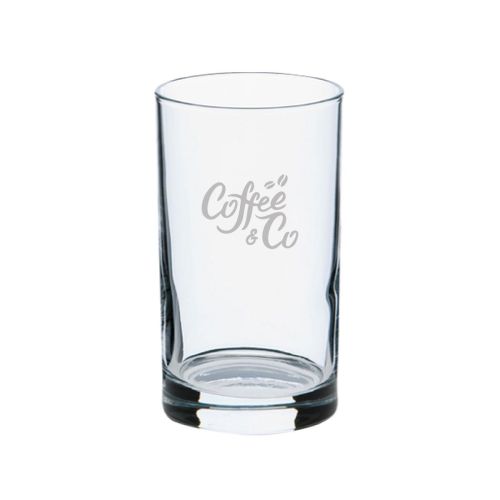 Spatjesglas van 21 cl met gegraveerd CoffeeCo-logo zichtbaar aan de voorzijde.