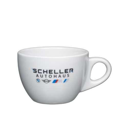 Style Cappuccino Cup 19 cl. of porcelain with multi-coloured Scheller Autohaus logo on the front panel