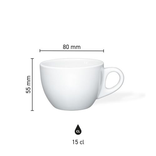 Infographic showing product dimensions of Style Coffee cup 15 cl. in porcelain.
