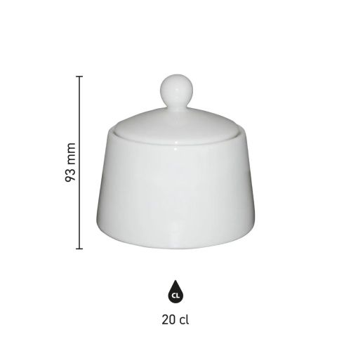 Infographic toont hoogte, diameter en inhoud van porseleinen suikerpot Eva 20 cl. Infographic toont hoogte, diameter en inhoud van porseleinen suikerpot Eva 20 cl.