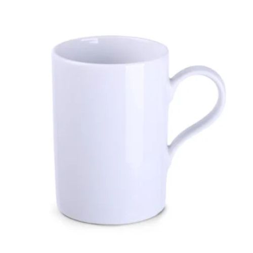 Witte porseleinen Tango mok van 29 cl in vooraanzicht, toont glad oppervlak en rechte cilinder.