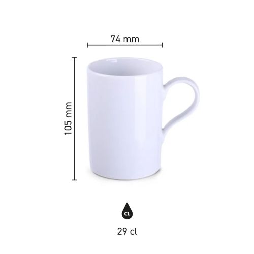 Infographic toont afmetingen van de porseleinen Tango mok 29 cl met duidelijke maatvoering.