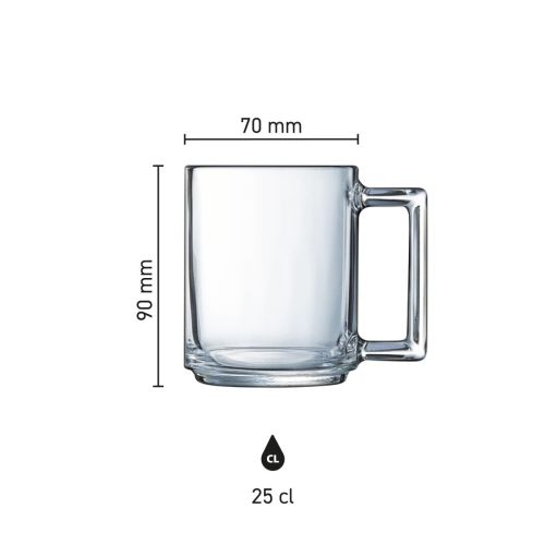 Infographic met productafmetingen van Theeglas Karo 25 cl. in glas, inclusief hoogte, diameter en inhoudsmaat.