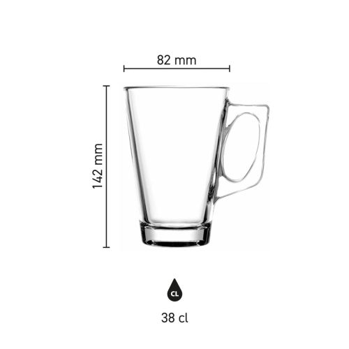 Maatvoering van het Theeglas Vela 38 cl glas met hoogte, diameter en inhoud in infographic