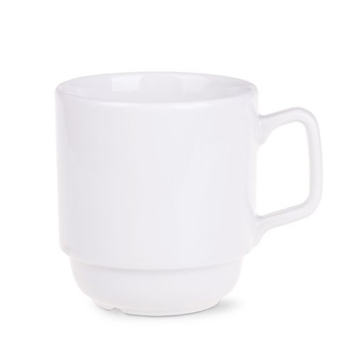 Vooraanzicht van witte Torino mok 28 cl. porselein met cilindrische vorm en brede oor.