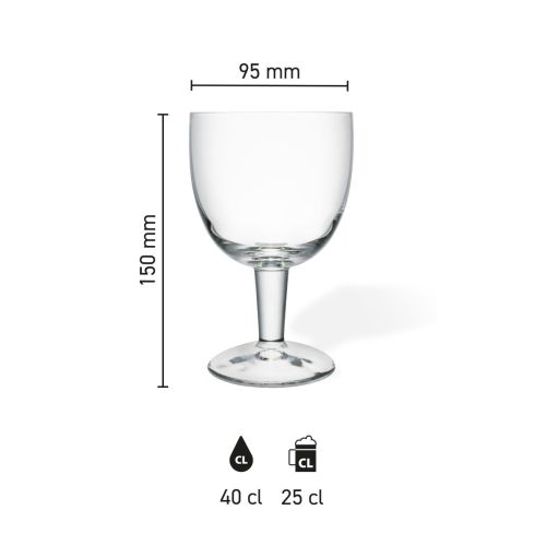 Infographic shows the height and width of the Trappist glass 25 cl with tap size markings.