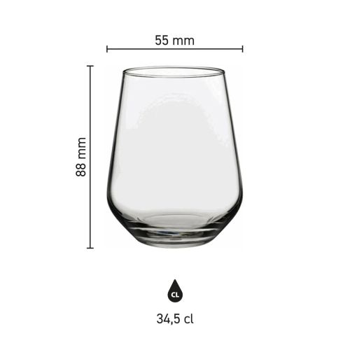 Infographic toont hoogte en diameter van het Tumbler Allegra glas 34,5 cl met maatverdeling.