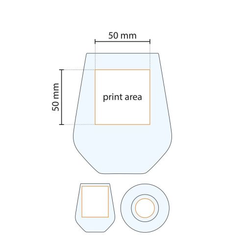 Technical working drawing of the tumbler glass Allegra with marking of the printing area for logo or text printing. Technical working drawing of the tumbler glass Allegra with marking of the printing area for logo or text printing.