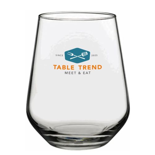 Tumbler glass Allegra with TableTrend logo applied in multiple colours on the front, bright and contrasting. Tumbler glass Allegra with TableTrend logo applied in multiple colours on the front, bright and contrasting.