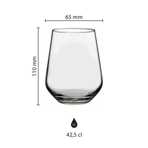 Infographic shows the dimensions of the tumbler glass Allegra 42.5 cl. including height and diameter. Infographic shows the dimensions of the tumbler glass Allegra 42.5 cl. including height and diameter.